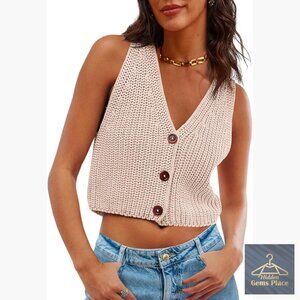 Cropped V-Neck Button Down Sweater Vest Chunky Knit Sleeveless Tank Top